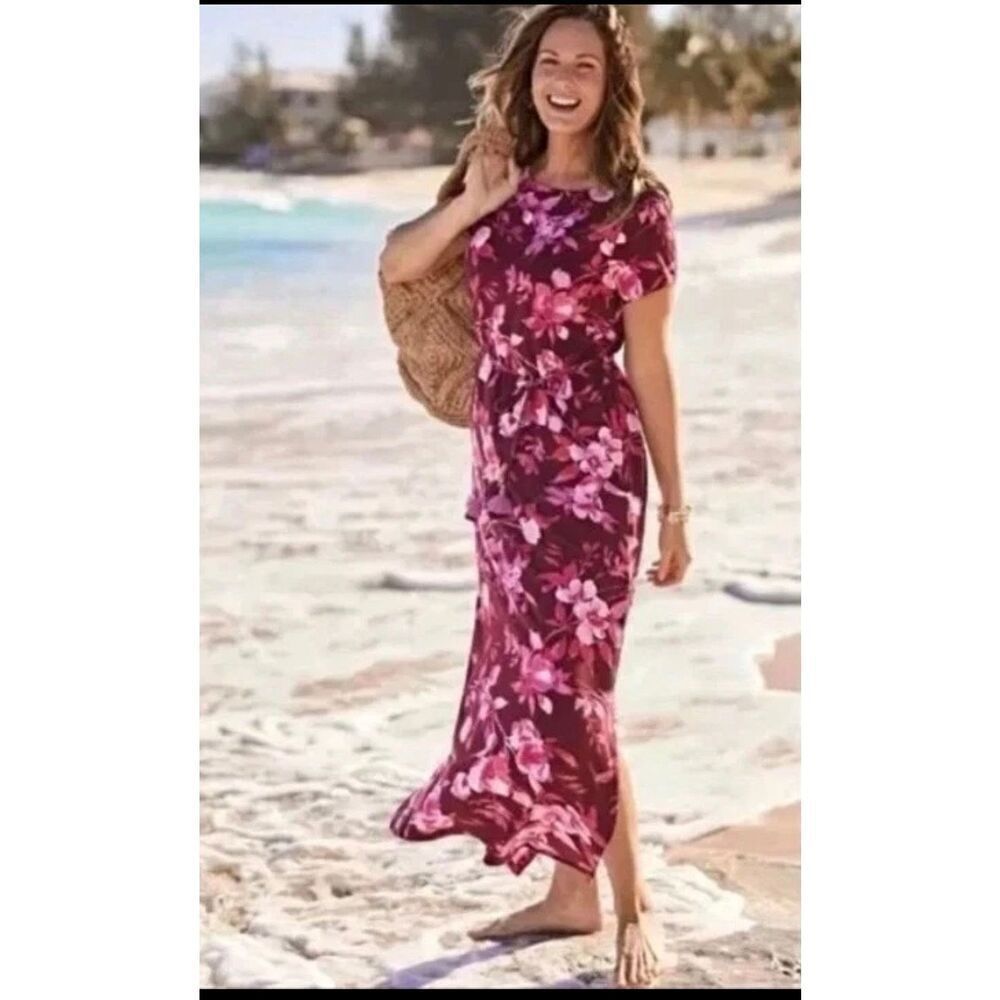 J. Jill Medium Cap Sleeve Maxi Dress Cranberry Watercolor Floral Modest career